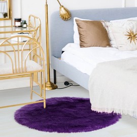 sourcing map Faux Fur Sheepskin Area Rug, Round Fluffy Indoor Carpets for Bedroom Living Room Sofa - Shaggy Soft Floor Decoration Washable Rugs, Purple 90x90cm / 3 x 3 Feet