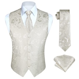 Hisdern Men's Floral Wedding Waistcoat, Tie and Handkerchief Set, Jacquard Waistcoat Suit Set, beige