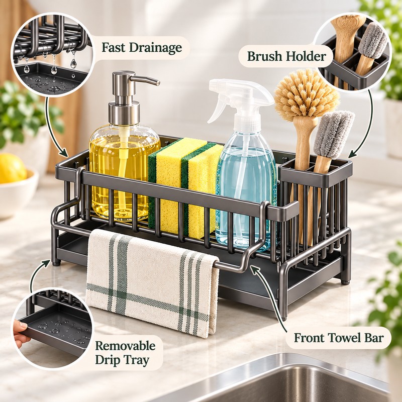 Kitchen Sink Organizer for Sponges & Brushes – Tilted Water