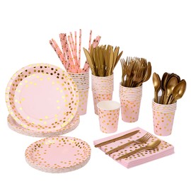 201 Pink Party Supplies, Disposable Dinnerware Set Serves 25, Gold Dots on Pink Paper Plates Cups & Napkins, Gold Plastic Knives Spoons Forks for Baby Shower Wedding Party Bridal Shower.(Pink)