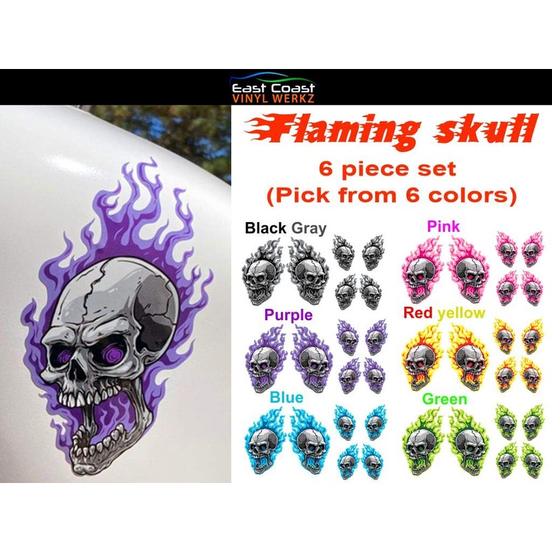Flaming Skull Motorcycle Tank Fender Fork Decals 6 pc Set