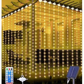 Joysing Joysing Solar Curtain Lights 3M x 3M Gazebo Lights with Remote Control, 8 Modes Waterfall Fairy Lights Waterproof Curtain String Lights for Garden Party Wedding Pergola Wall Decoration - Warm White