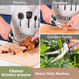 Cluren Kitchen Shears & Scissors Heavy Duty with Self-Standing Base | Cuts Poultry, Meat, Food | Ergonomic XL-Handle for Large Hands (Black-Gray)