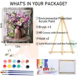 MIRCVSH Paint by Numbers for Adults Framed,Flowers DIY Oil Painting by Numbers on Canvas with Easel,Paint by Numbers Kits with Frame and Color Box Packaging12x16 Inch