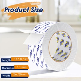 Double Sided Tape Heavy Duty White PE Foam Tape, 2 in X 16.5 Ft Mounting Tape Removable Strips Strong Weatherproof Adhesive Tape for Hanging Picture Poster, Carpets, Paint Wall No Damage, 2 Rolls