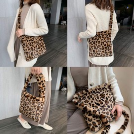 Women's Plush Bags Leopard Print Bag Plush Fluffy Women's Handbag Leopard Shoulder Bag Fluffy Winter Shoulder Bag Leopard Shoulder Bag for Girls School Work Travel, brown