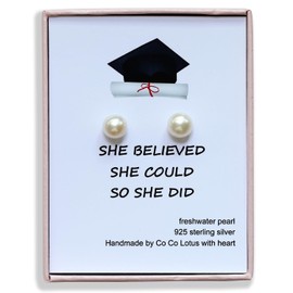 College Graduation Gifts for Her, 8mm Genuine Pearl Earrings with Sterling Silver Post, Inspirational High School 2024 Graduation Gifts for Best Friend, Sister, Daughter