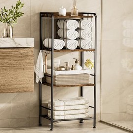 TETOTE 4-Tier Towel Rack, M-Shaped Detachable Dividers Towel Shelf with Hooks for Bathroom, Free Standing Pool Towel Holder Space-Saving Organizer, Rustic