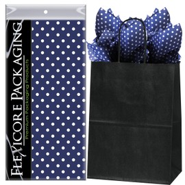 Flexicore Packaging Black Kraft Paper Gift Bags & Navy Blue Gift Wrap Tissue Paper | Size: 8 Inch X 4.75 Inch X 10.5 Inch | Count: 5 Bags | Color: Navy Blue Polka Dot