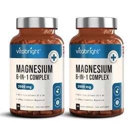 VitaBright Magnesium Glycinate Complex 6-in-1 | 2500mg~485mg Elemental | 120 Caps | Citrate & Glycinate Tablets & Zinc, Vitamins B6 & D | High Strength Magnesium Supplements For Women and Men | 2 Pack