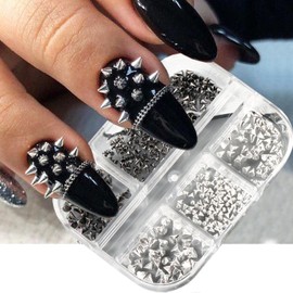 6 Grids Mixed Metallic Rivet Nail Charms for Acrylic Nails 3D Sliver Black Pointed Cone Nail Art Charms with Flat Back Designs Nail Rhinestones Gothic Punk Nail Gems Gothic Nail Jewelry for Women