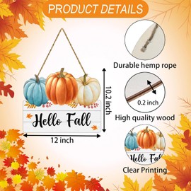 Fall Door Decor Blue Orange Pumpkin Wall Decor Hello Fall Sign Wooden Front Door Hanger Pumpkin Hanging Sign for Autumn Thanksgiving Harvest Farmhouse Porch Indoor Outdoor Home Decorations