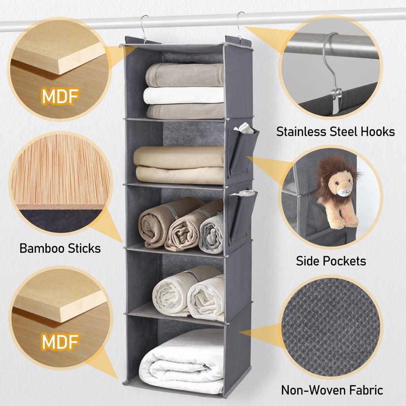 DPWEION Hanging Storage Shelves with 5 Shelves Foldable Hanging Wardrobe