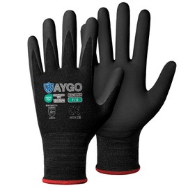 KAYGO Safety Work Gloves MicroFoam Nitrile Coated, 3 Pairs KG18NB,Seamless Knit Nylon Glove with full fingers Touchscreen, Ideal for Automotive,Warehouse,Construction (S, Black)