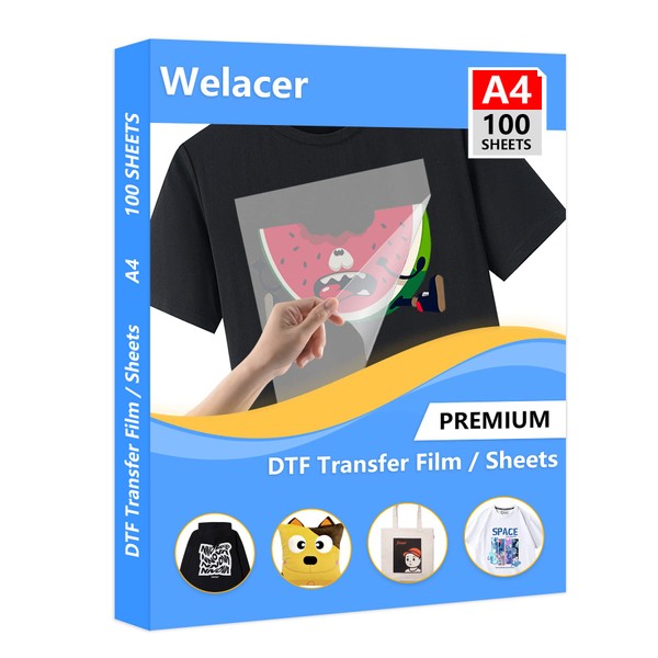 Welacer A4(21cm x 29.7cm) 100 Sheets DTF Transfer Film Direct Print for Sublimation Matt Double Side, Clear DTF PET Transfer Film Paper Sheets for Inkjet Printer