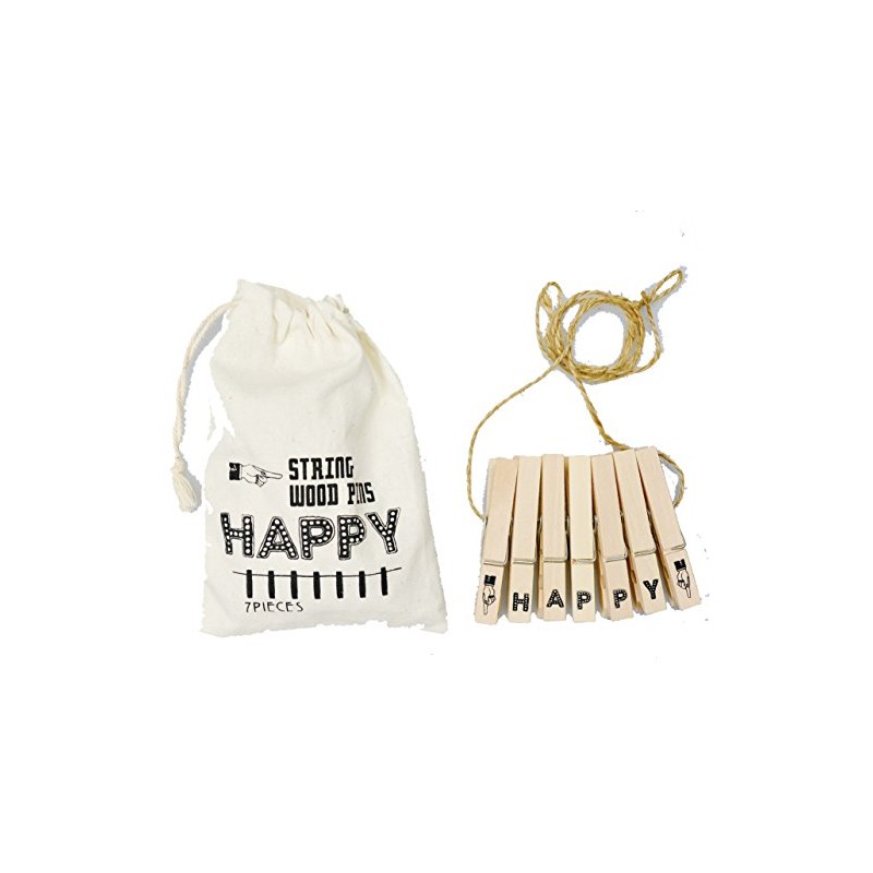 オシャレな イラスト入りの ウッドピンチ 7個セット (紐付き) HAPPY