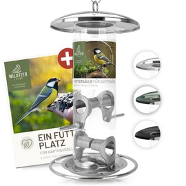 wildtier liebe Körner Feeder Column, Bird Feeder 26 cm, Silver - Made of Rustproof Stainless Steel I Bird Feeding Station, Bird Feeder Column, Wild Birds Feeder Silo I Year-Round Bird Feeding