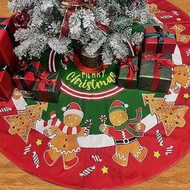 Gingerbread Man Christmas Tree Skirt 48 Inch for Indoor Outdoor Christmas Decorations Santa Hat Skirts Mat with Candy Star Design Red Green Ornaments Christmas Tree Skirts Holiday Party Decoration