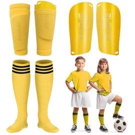 Soccer Shin Guards Soccer Shin Pads Set with Shin Sleeves and Long Soccer Socks Optimized Insert Pocket Protective Soccer Lightweight Soccer Equipment for Boys Girls Men Soccer Game (Yellow)