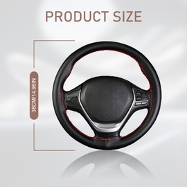 Mearo Leather Steering Wheel Cover, Stitch on Wrap, Steering Wheel Covers, 15Inch Breathable Car Steering Wheel Protector, Steering Wheel Accessories Universal for Cars (Black red, Side line)