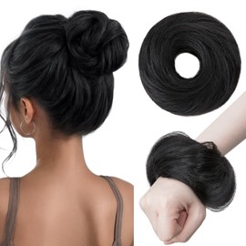 TESSHAIR Human Hair Messy Bun Hair Piece Scrunchie Dark Black Hair Pieces for Updos Style Natural Wavy Hair Extension Scrunchie 100% Real Human Hair Updo Hair Pieces for Women Girls