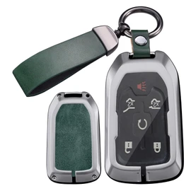 ontto Key Fob Skin Smart Remote Car Key Holder Fit for GMC Sierra 1500 2500HD 3500HD Yukon Acadia Terrain 2017-up,Metal and Leather Key Case with Clear TPU Front Cover,with Keychain,Green