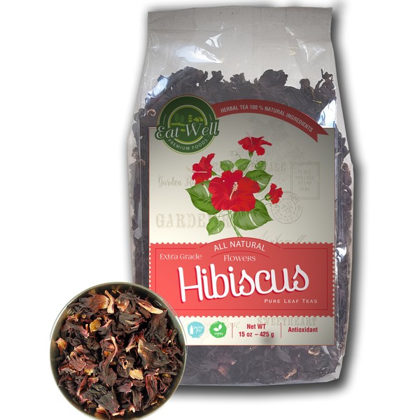 Hibiscus Flowers Tea | 16 oz - 453 g, Bulk | 100% Natural Dried Hibiscus Flowers | Extra Grade, Herbal Tea | Loose Leaf | by Eat Well Premium Foods