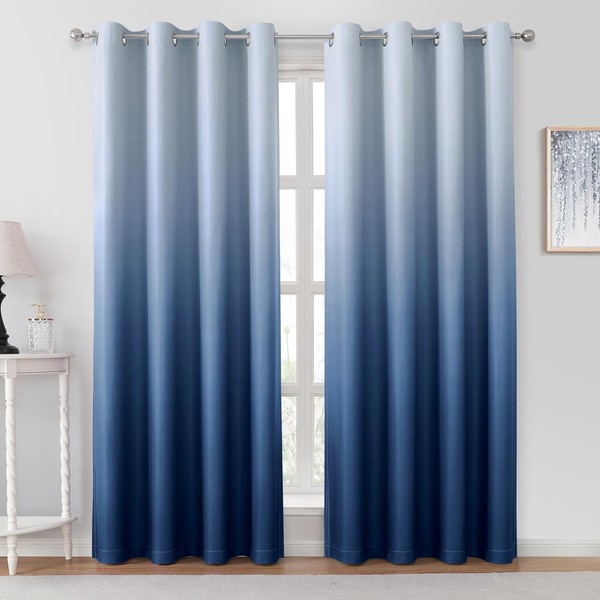 HOMEIDEAS Navy Blue Ombre Blackout Curtains 52 X 96 Inch