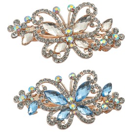 2 Pack Luxury Glitter Sparkly Jeweled Gems Crystal Rhinestone Butterfly Metal French Barrettes Rhinestone Hair Clips Pins Headpieces Hair Clip for Women Girls Rose Gold