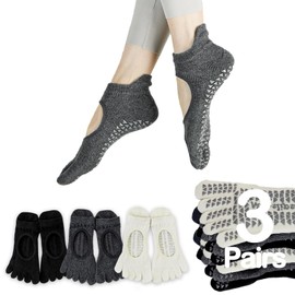 Sunolkie Women's Socks with Separate Toes, Non-Slip Socks for Yoga, Pilates, Ballet, Barfootball, Fitness, 3 Pairs, White + Grey + Black, One Size, White + grey + black, One size fits all
