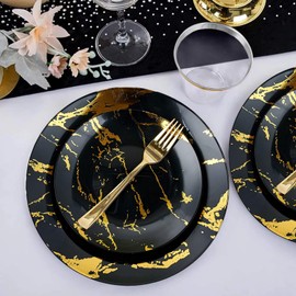 175 Piece Gold Plastic Dinnerware Set for Party, Clear Disposable Plates for 25 Guests, Include: 25 Dinner Plastic Plates, 25 Dessert Plates, 25 Pre Rolled Napkins with Cutlery Set, 25 Cups