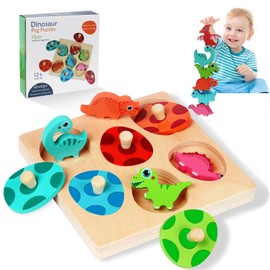 Wooden Puzzles for Toddlers 1-3 2-4, Montessori Dinosaur Toys for 1 2 3 Year Old Boy Girl Birthday, Dinosaur Match Eggs Peg Puzzles Preschool Learning Toys for Toddlers Age 1-2