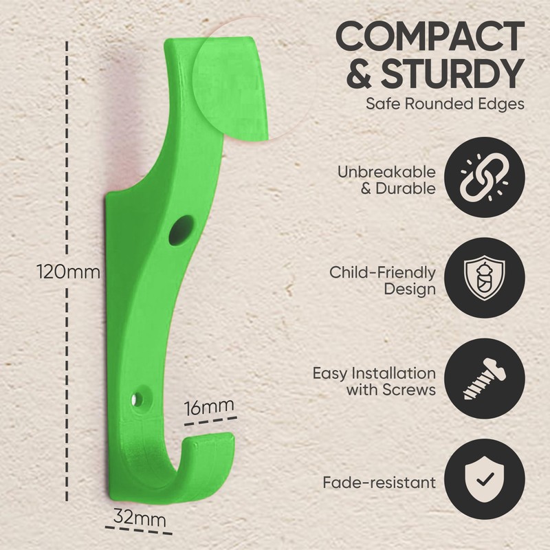 TOUGHOOK Unbreakable Plastic Safety Coat Hooks 10 Pack FERN (Green)
