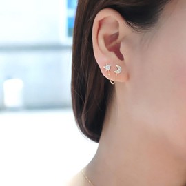 Allereya Vintage Crystal Half Moon Earrings Rhinestone Star Earrings Sparkling CZ Star Moon Earring Gold Chain Earrings Drop Earrings Jewellery for Women and Girls, Zinc, No Gemstone