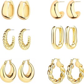 6 Pairs 14K Gold Hoop Earrings for Women Lightweight Chunky Hoop Earrings Multipack Hypoallergenic, Thick Open Twisted Huggie Hoops Earring Set Jewelry for Gifts - Color: Gold