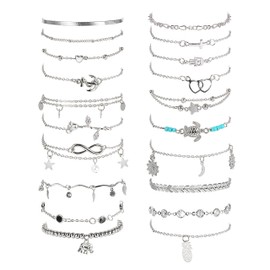 Thunaraz 20Pcs Ankle Bracelets for Women Silver/Gold Beach Anklets Set Adjustable Surfer Anklet Heart Star Turtle Infinite Anklets Foot Jewelry