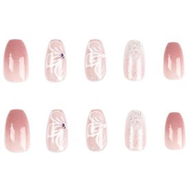 SINLOV 24pcs Butterfly Rhinestone Coffin Full Cover False Nails Pink Gradient Glitter Press on Nails Long Glossy French False Nails for Women and Girls