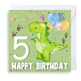 Second Ave Dinosaur 5th Birthday Age 5 Square Children's Kids Birthday Greeting Card for Boy or Girl