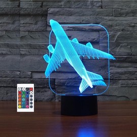 FXUSLGT 3D Airplane Night Light 16 Color Change LED Remote Control Table Desk Lamp Acrylic Flat ABS Base USB Charger Home Decoration Toy Birthday Xmas Kid Children Gift