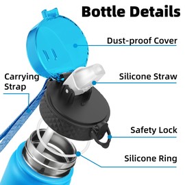 OLDLEY Stainless Steel Water Bottle with Straw 1L Vaccum Insulated Large Drink Flask Metal Water Bottles 1 Litre Leakproof Keep Drinks Hot Cold for Sports Gym Camping Adult Women Men(Sky Blue, 1 Lid)