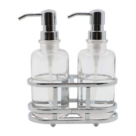 3-Piece Round Heavy Weight Glass Soap Lotion Pump Dispenser Set with Metal Caddy for Home Bath Kitchen Travel Office Hand Crafted Metal Tray