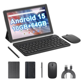 HOTTABLET 10" Android 15 Tablet, 10(4+6Expand) GB RAM+64GB ROM, 2+8MP Dual Camera, 6000mAh Battery (Tablet+case+Stylus+Keyboard+Mouse), Black