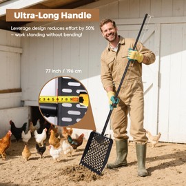 DOODLEBEAN Chicken Poop Scooper & Rake 2-in-1 Metal Coop Shovel 9.8 inches Sand Sifting Shovel with 43" to 90" Adjustable Stainless Steel Handle Cleaning Tools for Chicken Coops & Farm Animals Scoop