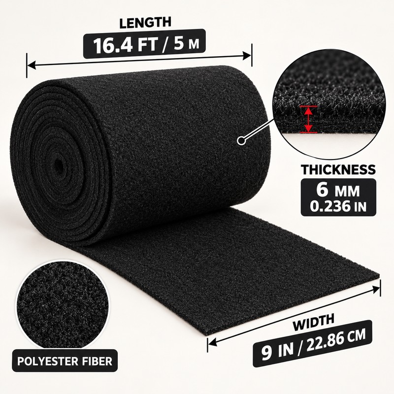 6mm Thick Black Marine Carpet Roll, 16.4FT x 9IN Polyester