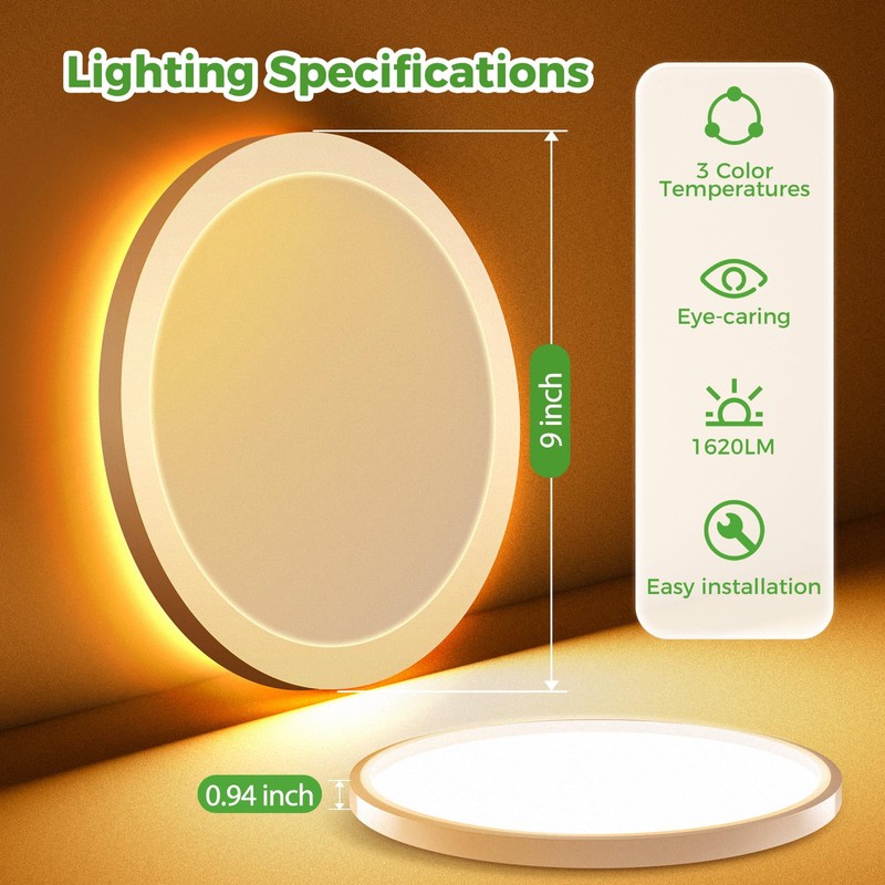 zemty 9 Inch LED Ceiling Light with Night Light 1800K,