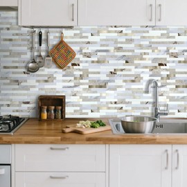 AULIGET 20 Sheets Faux Stone Peel and Stick Backsplash, Beige & White Marble Look PVC Wall Tile Stick on Backsplash for Kitchen and Bathroom