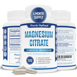 Purely Optimal Magnesium Citrate 500mg – Magnesium Supplement for Digestive Health, Gentle Constipation Relief, Muscle & Sleep Support, Calm & Relaxation – High Absorption, 120 Easy-to-Swallow Caps