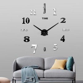 FERRISA Frameless DIY Wall Clock, 3 in 1 Large 3D Frameless Wall Clock 47 Inch, 3D DIY Wall Clock for Living Room Bedroom Office Decor Wall Decor(Black):_Black Silver