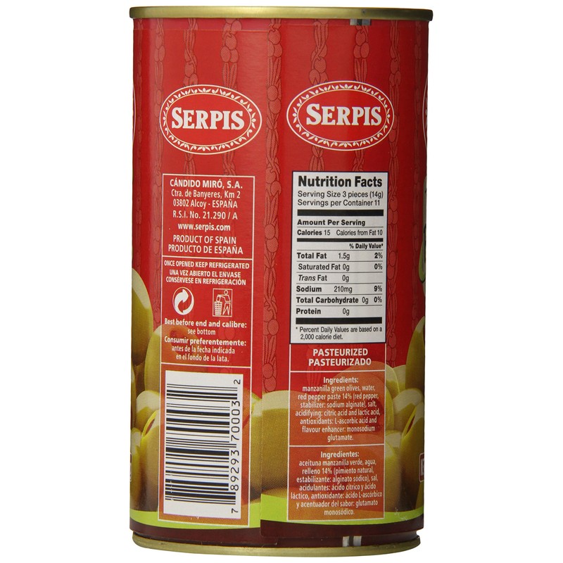 Serpis Olives Stuffed with Red Pepper, 12.34 Ounce (Pack of