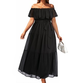 Plus Size Off The Shoulder Dress Women Maxi Summer Long Black Chiffon Beach Wedding Guest Boho Tiered Sundresses 2024